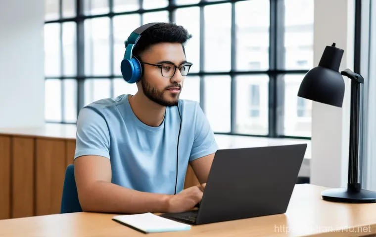 통역사 필기시험 대비 모의고사 - **Prompt 1: Focused Interpreter in a Mock Test**
    A young adult, either male or female, with an e...