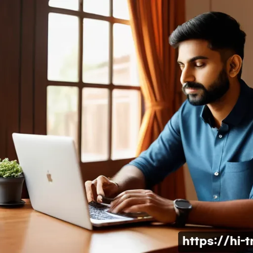 통역사 워라밸 유지 팁 - A modern Indian home office scene featuring a young Hindi-speaking professional sitting at a clean, ...