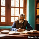 통역사로 일하며 얻은 교훈 - A professional Indian translator sitting at a wooden desk in a cozy, sunlit room filled with bookshe...