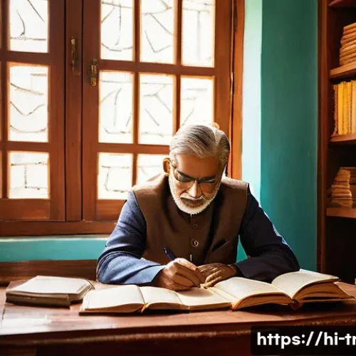 통역사로 일하며 얻은 교훈 - A professional Indian translator sitting at a wooden desk in a cozy, sunlit room filled with bookshe...