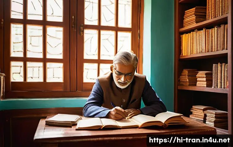 통역사로 일하며 얻은 교훈 - A professional Indian translator sitting at a wooden desk in a cozy, sunlit room filled with bookshe...
