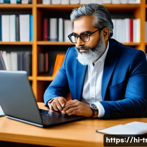 통역사 현직자 인터뷰 사례 - A professional Indian translator sitting at a modern desk with multiple screens displaying translati...