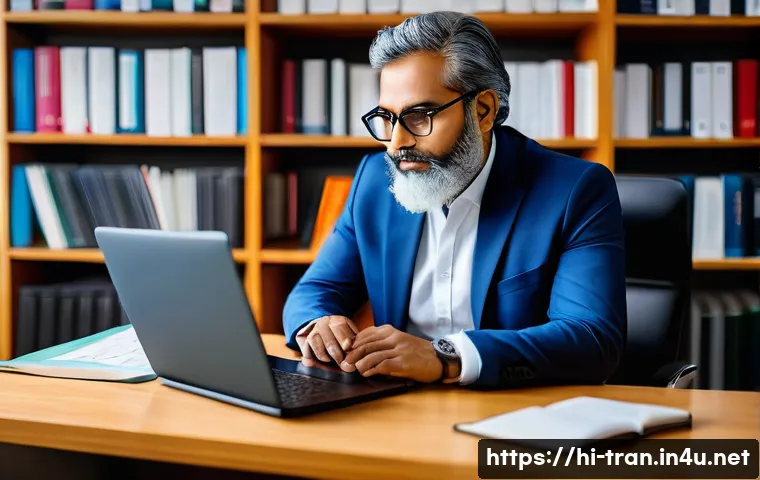 통역사 현직자 인터뷰 사례 - A professional Indian translator sitting at a modern desk with multiple screens displaying translati...