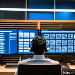 통역사 업계에서 인정받는 자격증 - A professional translator in a modern office environment, surrounded by multiple digital screens dis...
