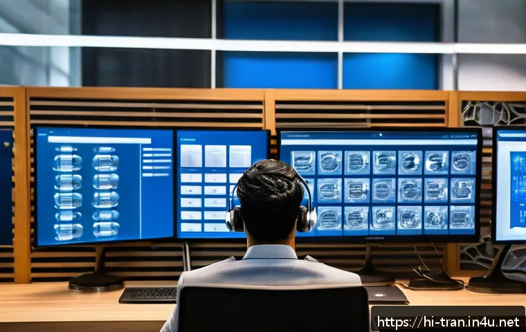 통역사 업계에서 인정받는 자격증 - A professional translator in a modern office environment, surrounded by multiple digital screens dis...