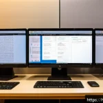 통역사 중점 과목 학습법 - A detailed digital workspace of a Hindi translator deeply engaged in their craft: a modern desk feat...