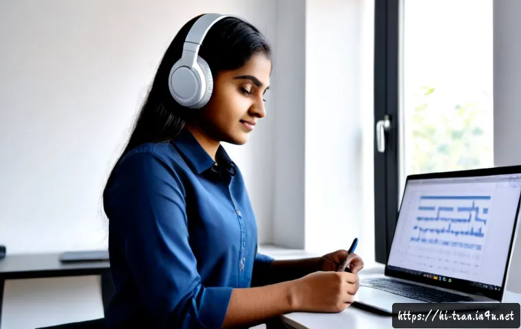 Home 17 통역사 초보자를 위한 실무 입문 - Photorealistic beginner Hindi interpreter practicing in a quiet modern training room, young Indian p...