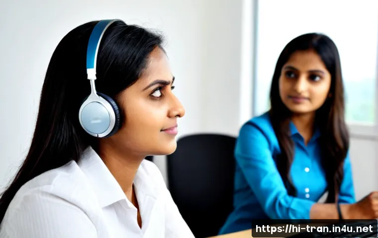 Home 17 통역사 시험의 실기 평가 기준 - Photorealistic interpreter practical examination in a modern assessment room, a focused Indian Hindi...